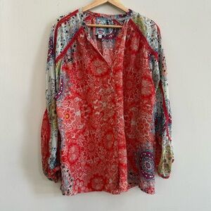 Johnny Was Red and Multicolor Floral Blouse